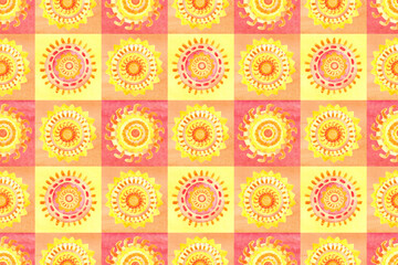 Seamless patchwork pattern with watercolor suns. Summer watercolor background.