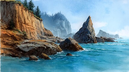 Rugged coastal cliffs meet turquoise ocean waters under a hazy sky