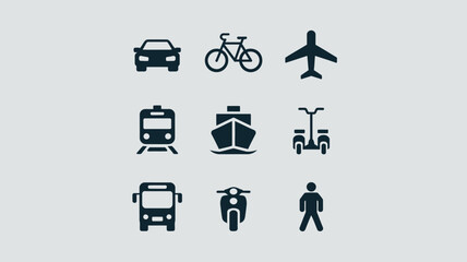 Collection of nine transportation icons including car bicycle airplane train ship scooter bus segway and person isolated on white background