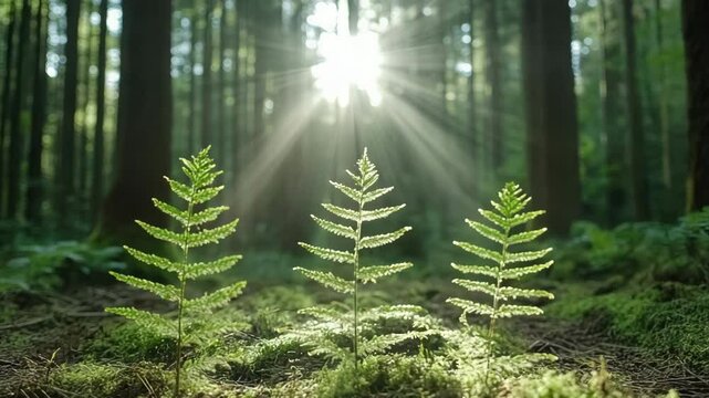 Lush ferns thrive serene forest, where sunlight filters through trees, showcasing vibrant greenery