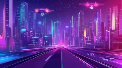 The stock photo showcases a vibrant, futuristic cityscape illuminated by glowing neon lights.