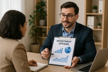Investment consultation and analysis, financial advisor discussing growth strategies and investment opportunities with a client using charts and graphs