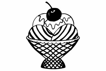 Black and white ice cream sundae with cherry illustration