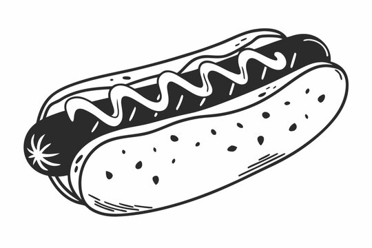 A delicious hotdog with mustard in black and white illustration