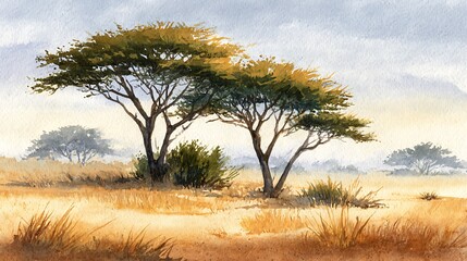 Serene watercolor of acacia trees in a golden savannah landscape