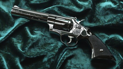 Ornate silver revolver on teal velvet.  High-detail firearm photography.