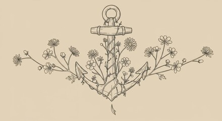 Elegant Minimalist Line Art of Anchor Entwined with Wildflowers on Warm Beige
