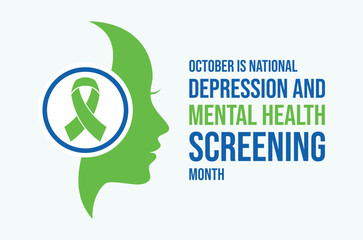 October is National Depression and Mental Health Screening Month poster vector illustration. Female head in profile and green awareness ribbon icon. Template for background, banner, card