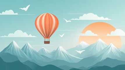 Obraz premium A brightly colored hot air balloon floats gracefully over a scenic landscape in the vector illustration.