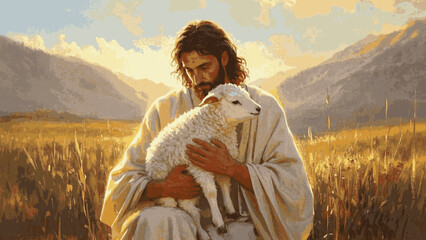 Sacred Lamb Light Jesus is holding a lamb isolated watercolor vector illustration svg © Arun168