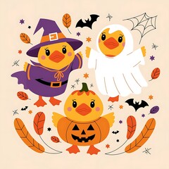 Three adorable ducklings dressed in halloween costumes witch ghost and pumpkin