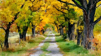 Naklejka premium Vibrant autumn tree tunnel path with golden yellow and green foliage