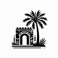 Minimalist Black Vector Logo of Traditional Palestinian Stone House and Date Palm Tree Isolated on White Background