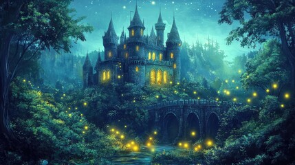Fototapeta premium A magical castle stands prominently within a fantastical landscape in the stock photo.