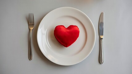 Red heart on white plate with fork and knife representing love and romance
