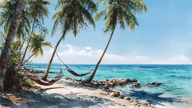 Tranquil tropical beach with swaying palm trees and inviting hammocks