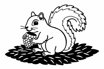 A cartoon squirrel holds an acorn while sitting on leaves