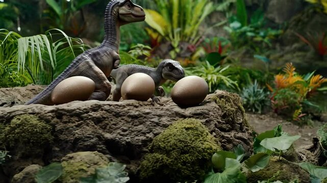 Three large dinosaur eggs rest on a sun-warmed rock. Two newly hatched juveniles cautiously explore nearby, their tiny claws clicking against stone as they sniff the unfamiliar air
