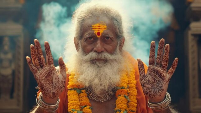 A sadhu with orange markings on his forehead and hands, meditating in front of a temple with smoke. He is wearing traditional attire and jewelry.