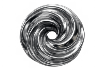 Circular metallic form swirling inwards, creating a hypnotic vortex against a transparent background