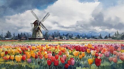 Watercolor painting of a windmill in a vibrant tulip field with distant mountains