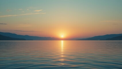 Naklejka premium Stunning Sunrise Reflection Over Calm Lake Surrounded by Mountains in a Tranquil Evening