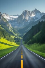Naklejka premium High-resolution photo of a scenic road winding through lush greenery and majestic mountains, capturing the natural beauty and peaceful atmosphere of the landscape.