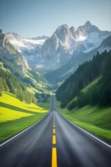 Naklejka premium High-resolution photo of a scenic road winding through lush greenery and majestic mountains, capturing the natural beauty and peaceful atmosphere of the landscape.