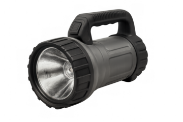 Powerful handheld flashlight casting bright illumination, isolated on transparent surface, highlighting modern lighting technology