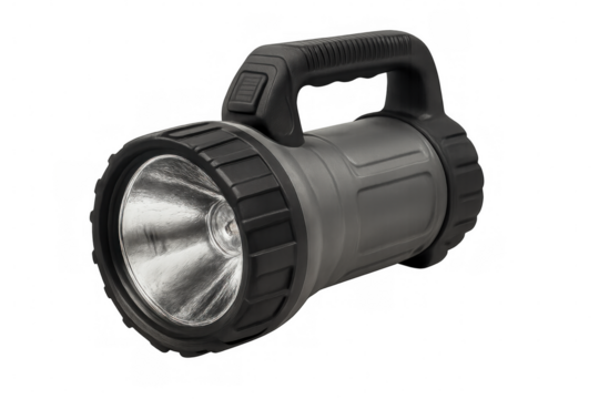 Powerful handheld flashlight casting bright illumination, isolated on transparent surface, highlighting modern lighting technology