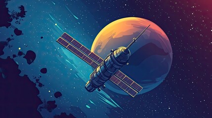 A futuristic space station orbits a distant planet in this vector illustration.