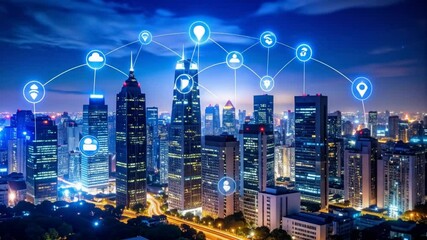 Connected city skyline at night showcasing communication and data network - Powered by Adobe