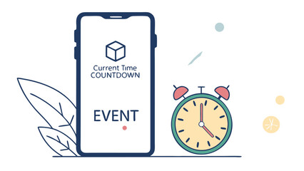Obraz premium Illustration of a smartphone displaying an event countdown next to a classic alarm clock symbolizing time management and event planning