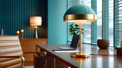 Modern Office Desk with Gold and Blue Lamp, Stylish Furniture and Minimalist Decor in Bright Room