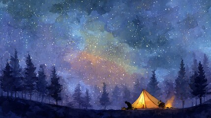 Cozy campfire under a starry night sky in a pine forest