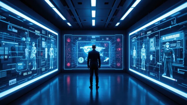 Individual Analyzing Advanced Digital Data Interfaces in a Futuristic Control Room