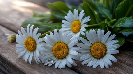 Obraz premium Fresh white daisies with green leaves resting on wooden bench 