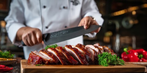 Chef prepares juicy roasted pork loin on a wooden cutting board for a delicious meal in a professional kitchen.