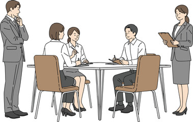 Business meeting illustration, office teamwork, professional discussion, corporate setting, brainstorming session, communication, strategy, planning, executive group, 