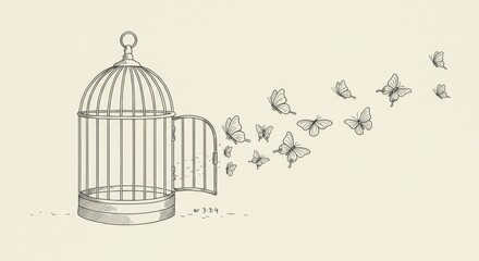 Fine Black Line Art: Freedom Metaphor with Open Cage and Butterflies