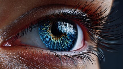 Closeup of a Beautiful Human Eye with Vibrant Blue Iris and Reflective Surface Details