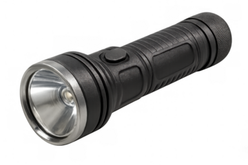 Powerful led flashlight with textured grip for secure handling, isolated on a transparent background, ready for compositing