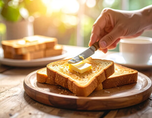 Hand holding a butter knife spreading soft butter on toast