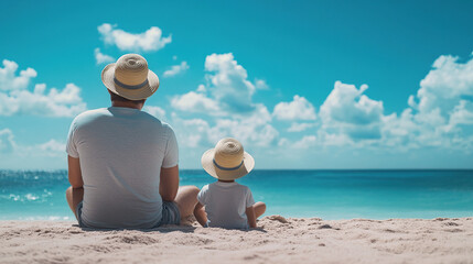 Father and child beach vacation summer travel family time together ocean view with hats sunny day getaway