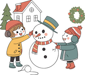 A fun cartoon snowman couple with a child snowman celebrate the merry winter holiday season
