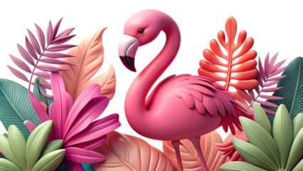 Stylized Pink Flamingo with Tropical Leaves Art