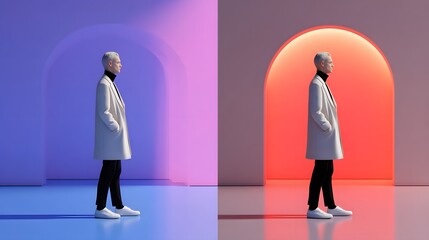 Obraz premium Stylish Man in Contemporary Fashion in Minimalist Abstract Space with Colorful Lighting