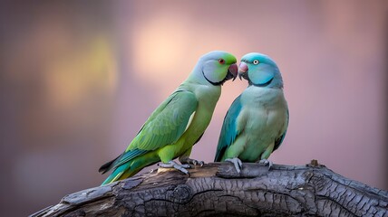 Obraz premium Close up of two colorful parrots sitting on tree branch with soft background 