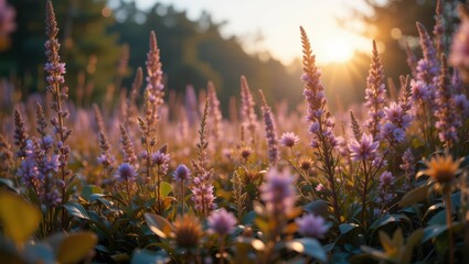 Vibrant Purple Wildflowers Blooming in a Meadow at Sunset with Warm Golden Light