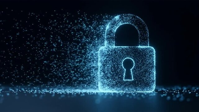 A glowing blue padlock shimmers against a dark background, symbolizing digital security and data protection